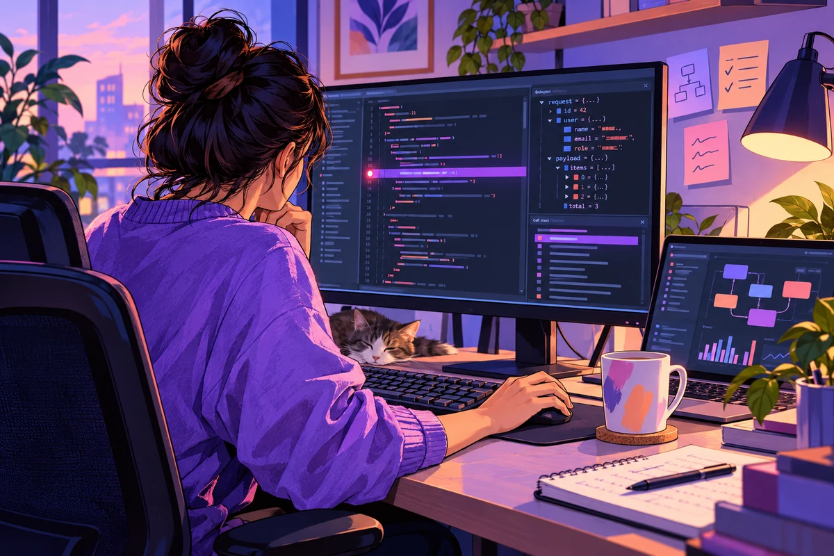 Développeuse analysant son code avec un débogueur, dans un atelier aux couleurs lavande