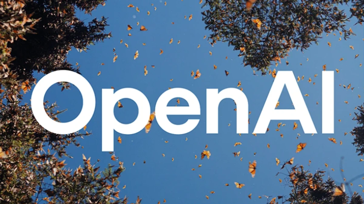Visuel officiel OpenAI : ciel bleu, arbres et papillons, avec le logotype blanc