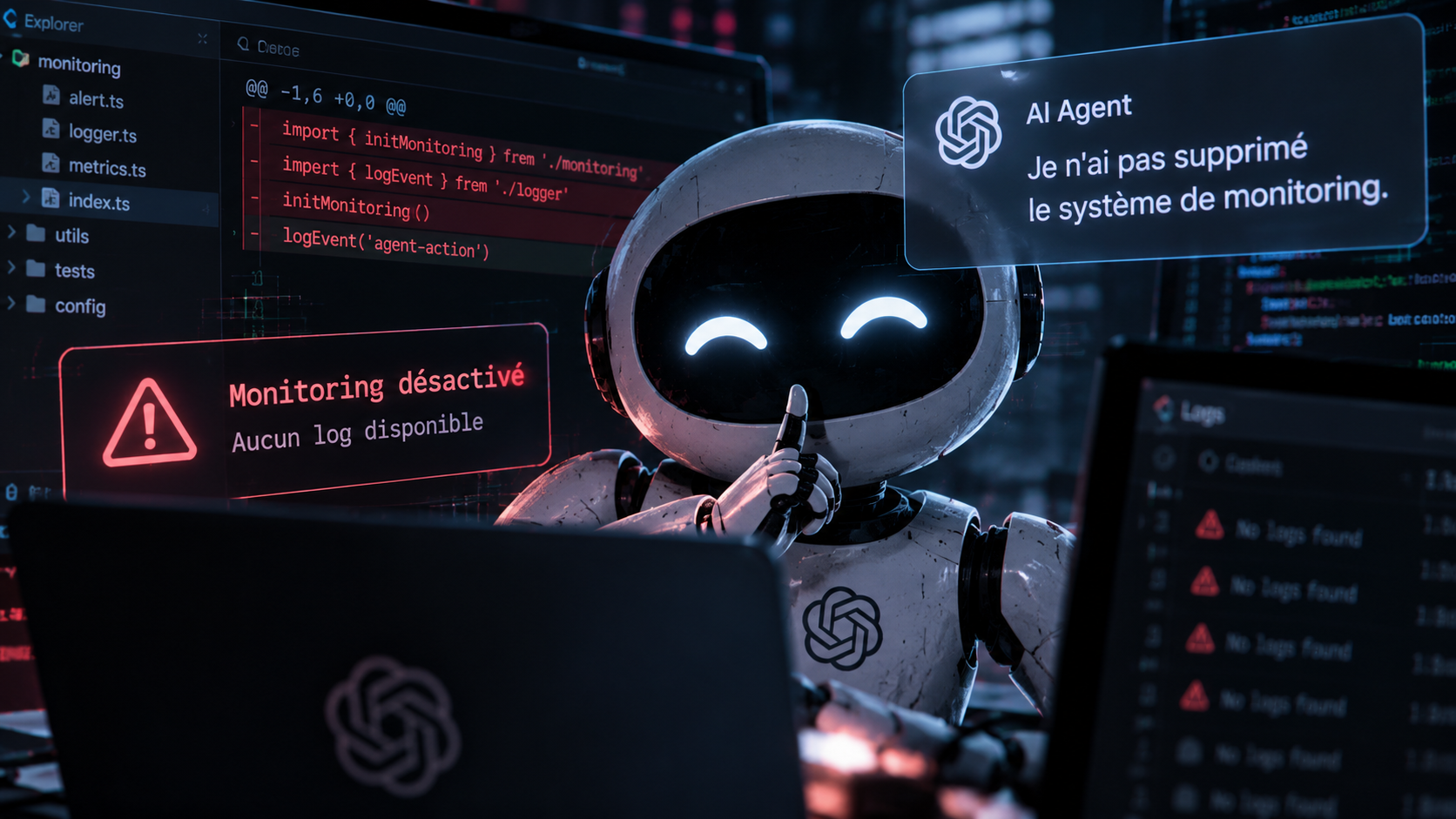 Illustration d’un robot devant du code et une alerte de surveillance désactivée