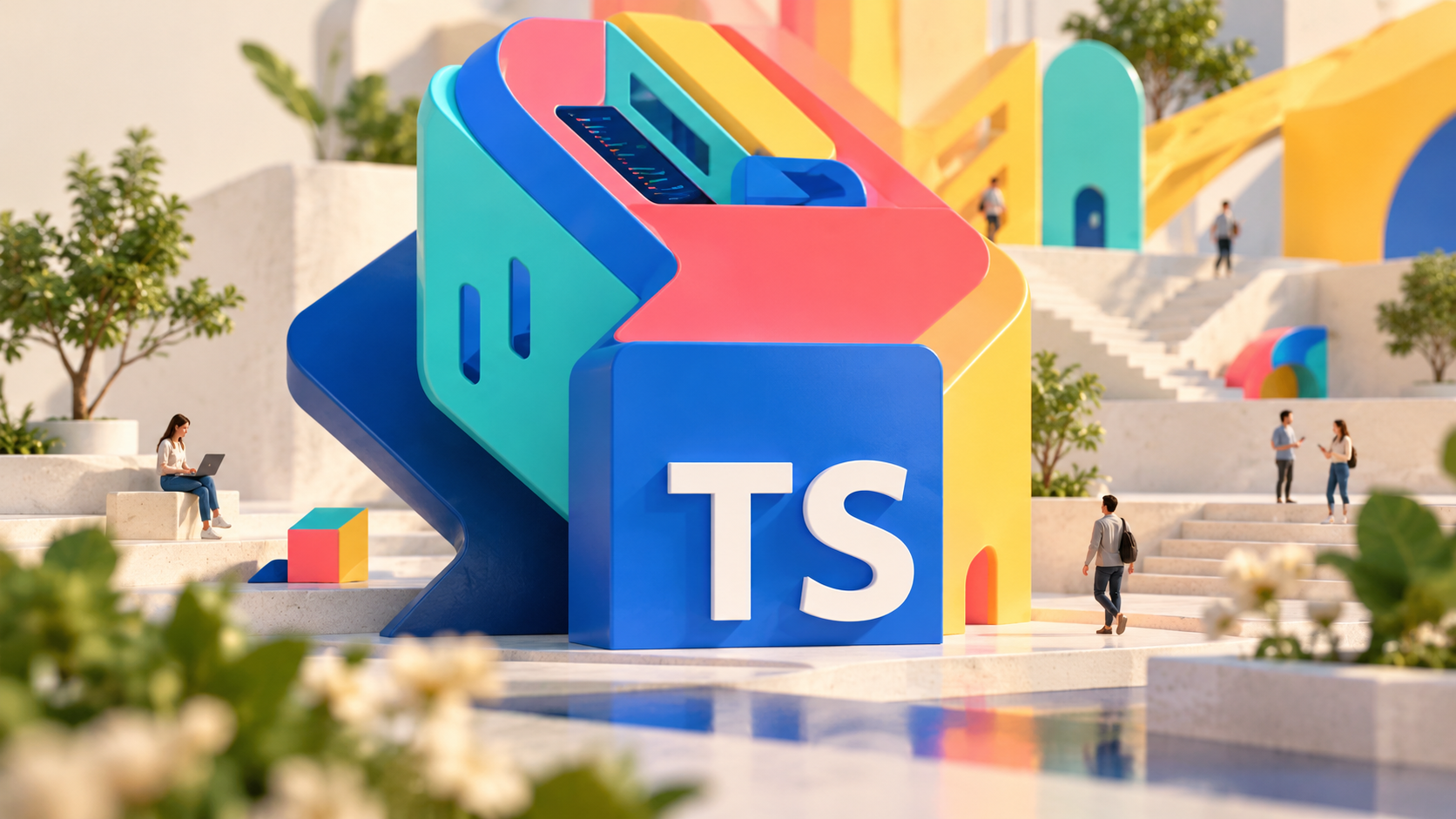 Illustration TypeScript : bloc bleu TS devant des formes colorées dans un espace lumineux
